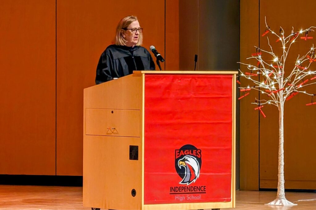 RRPS Superintendent Dr. V. Sue Cleveland, shown at a graduation in 2024, announced her retirement Wednesday. (Kevin Hendricks)